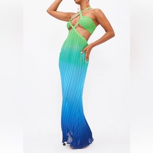 Green Ombre Print Plisse Cut Out Strappy Maxi Dress